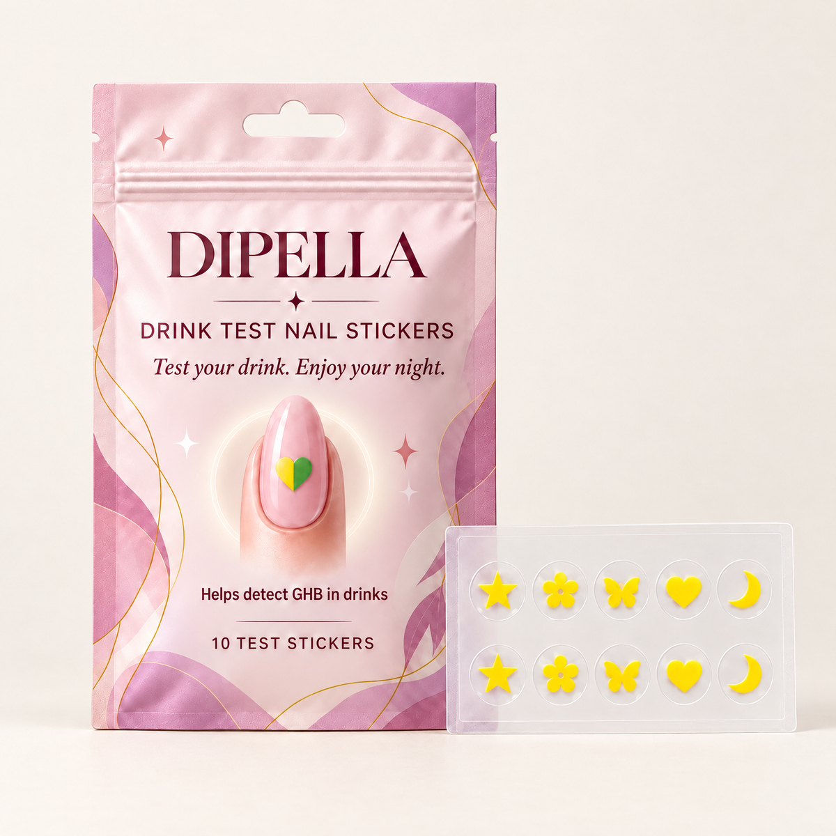 Dipella drink test nail stickers pack and sticker sheet