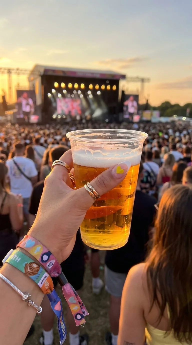 Hand with a drink test nail sticker holding a drink at a festival