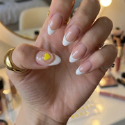 Yellow heart drink test sticker on a thumb nail